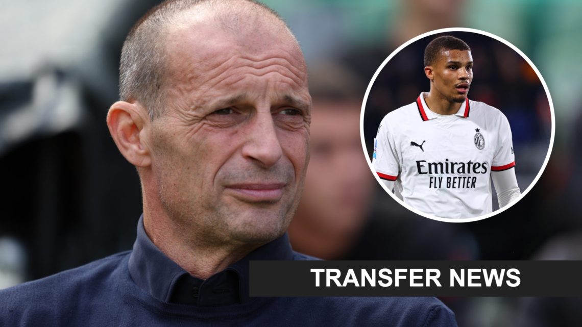 Massimiliano Allegri during a friendly between Leeds United and AC Milan. Inset: Malick Thiaw playing for AC Milan and a transfer news banner