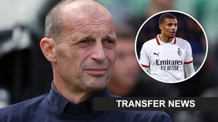 Massimiliano Allegri during a friendly between Leeds United and AC Milan. Inset: Malick Thiaw playing for AC Milan and a transfer news banner