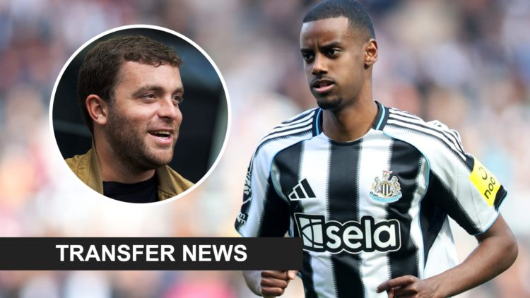 Newcastle United striker Alexander Isak playing against Everton at St James' Park in the Premier League. Inset: Fabrizio Romano and a transfer news...