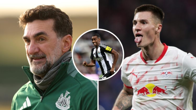 Yasir Al-Rumayyan at a golf event. Benjamin Sesko celebrates a goal for RB Leipzig. Alexander Isak playing for Newcastle United.