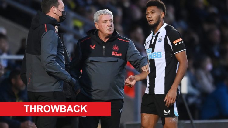 Steve Bruce and Joelinton during a friendly between Burton Albion and Newcastle United. Inset: a throwback banner