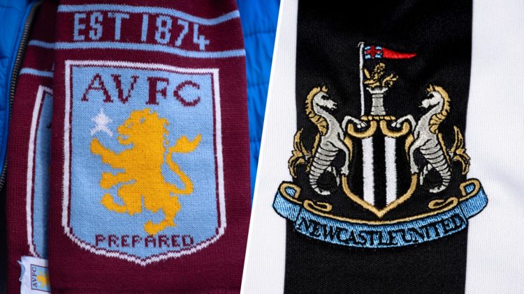 A detailed view of the badge of Newcastle United FC on the jersey during the UEFA Champions League 2023/24 Group Stage Teams Jerseys Shoot. The off...