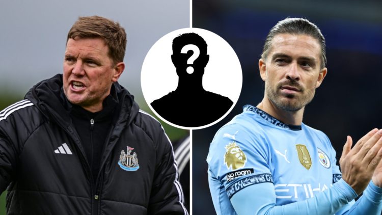 Eddie Howe taking a Newcastle United training session, Jack Grealish applauds the Manchester City fans, mystery player