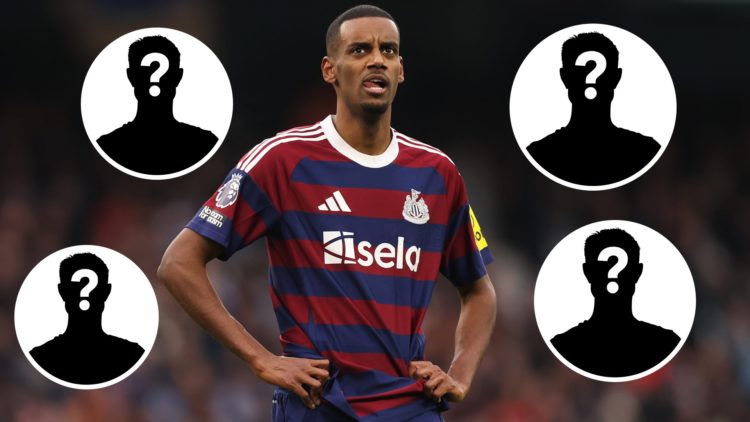 Insets, mystery person graphics. Alexander Isak looks on while playing for Newcastle United.