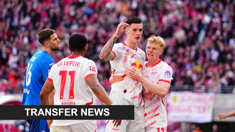 Benjamin Sesko celebrates a goal for RB Leipzig.
