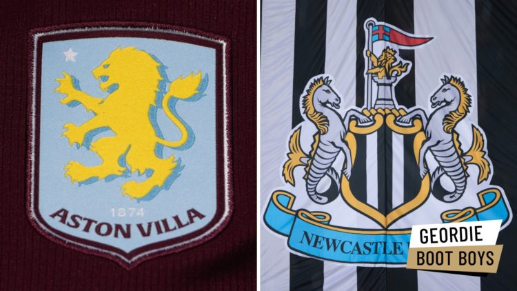 A detail view of the Aston Villa club crest. Close-up shot of the Newcastle United badge.