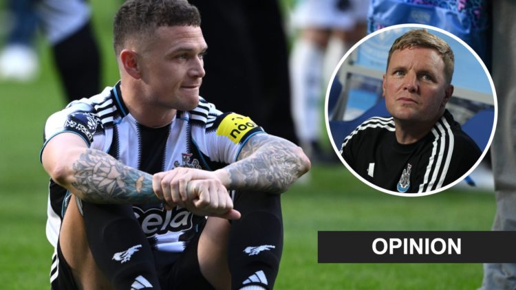 Kieran Trippier sits on the pitch after Newcastle United's Premier League loss against Everton. Inset: Newcastle United manager Eddie Howe and an o...
