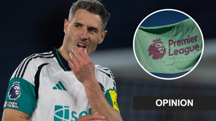 Fabian Schar during a Premier League game between Leicester City and Newcastle United. Inset: the Premier League logo on a flag and an opinion banner.