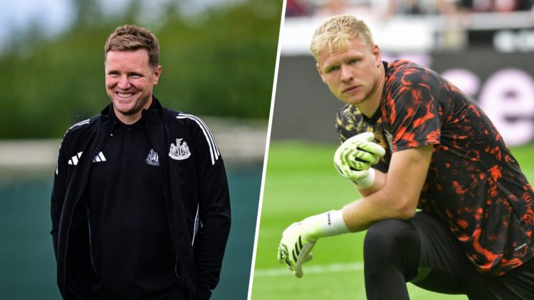 Eddie Howe smiles at the Newcastle United training ground during pre-season. Aaron Ramsdale warms up before a pre-season friendly between Newcastle...