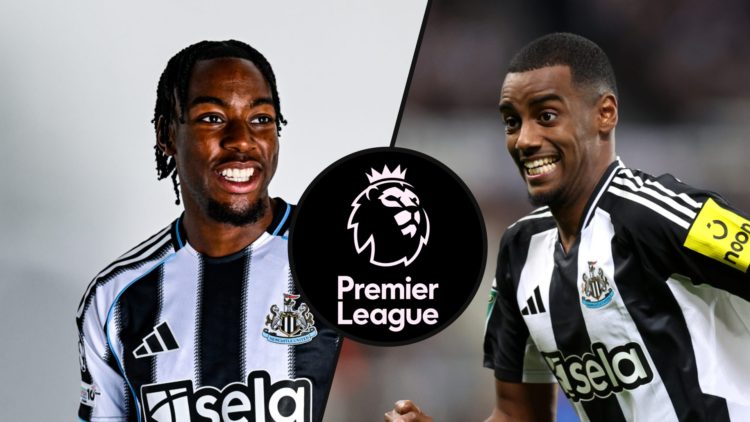 Split image: Anthony Elanga smiling in a Newcastle shirt (L). Alexander Isak sprinting (R). Inset: Premier League logo.