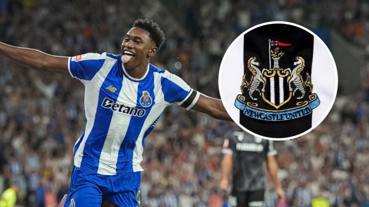 Samu Aghehowa celebrates after scoring in a Liga Portugal game between FC Porto and Vitoria SC. Inset: The Newcastle United badge