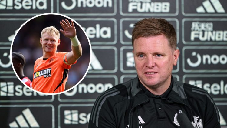 Eddie Howe speaks during a Newcastle United press conference. Inset, Aaron Ramsdale waves to fans.