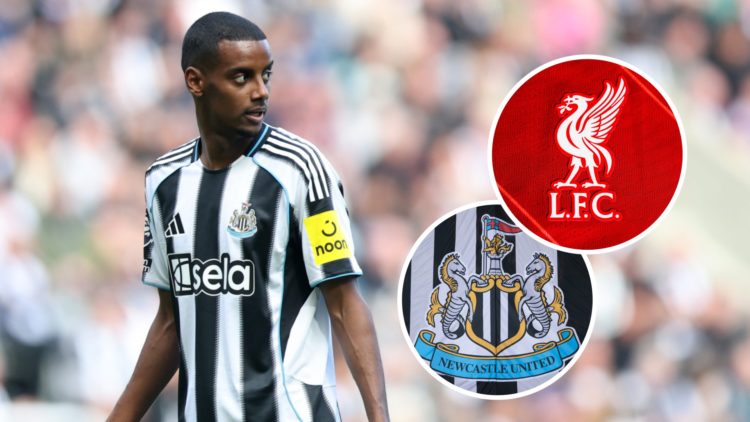 Alexander Isak in action for Newcastle United during a Premier League game against Everton. Inset: the Newcastle United and Liverpool badges