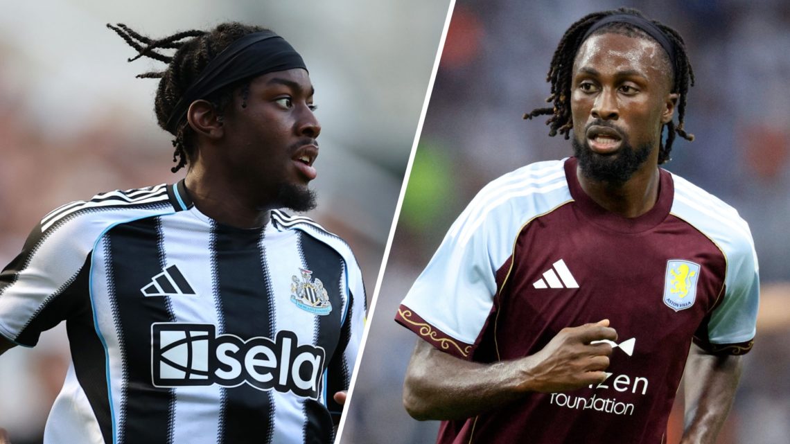 Split image: Anthony Elanga running for Newcastle United (L). Evann Guessand in action for Aston Villa (R).