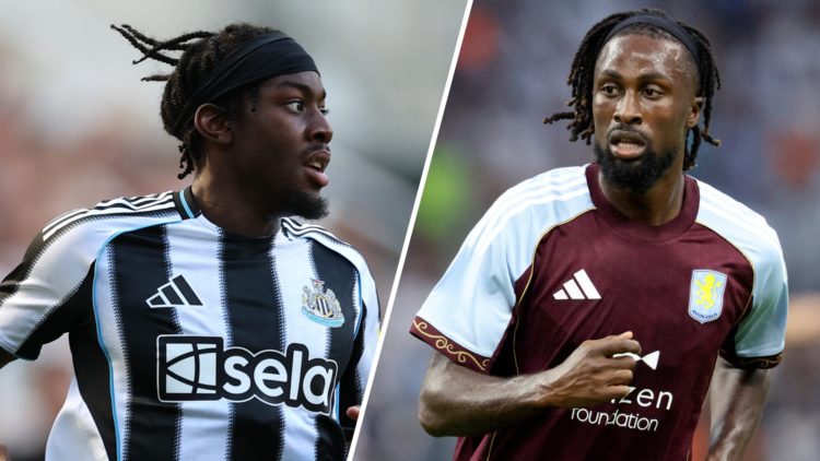 Split image: Anthony Elanga running for Newcastle United (L). Evann Guessand in action for Aston Villa (R).