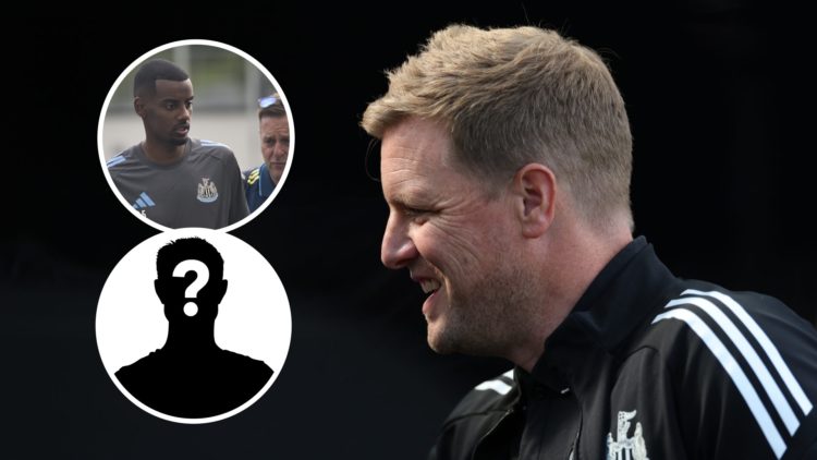 Eddie Howe smiles before Newcastle United play Atletico Madrid in a pre-season friendly. Inset: Alexander Isak and a mystery player