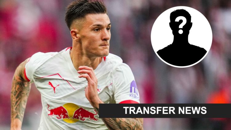 Benjamin Sesko pictured running while playing for RB Leipzig. Inset, mystery person graphic.