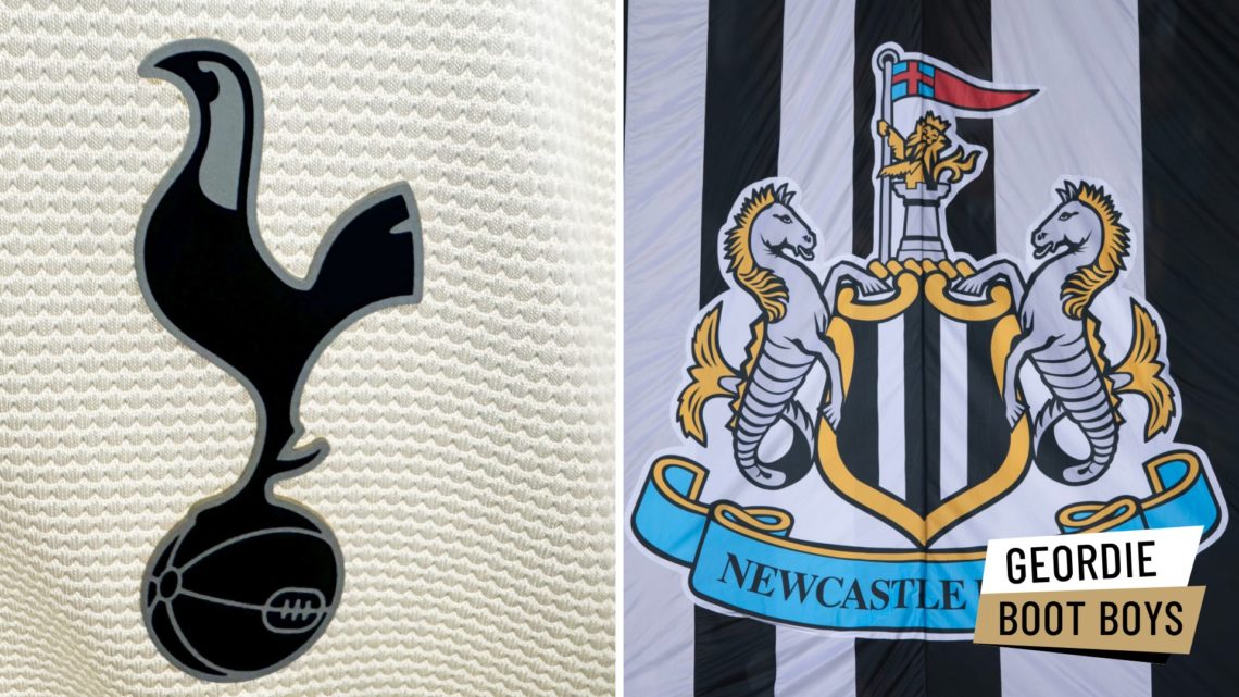 A close-up view of the Tottenham Hotspur club crest. Detail view of the Newcastle United badge.