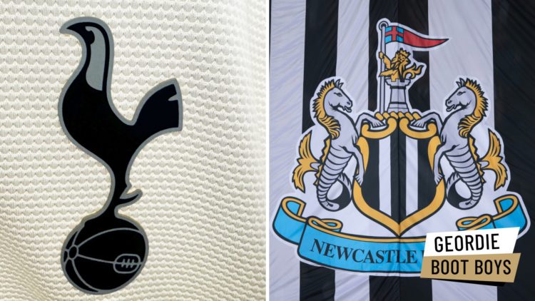 A close-up view of the Tottenham Hotspur club crest. Detail view of the Newcastle United badge.
