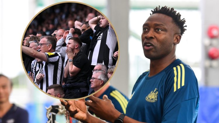 Shola Ameobi speaks to children during Newcastle's pre-season tour of Asia. Inset: Newcastle fans look dejected during a game.