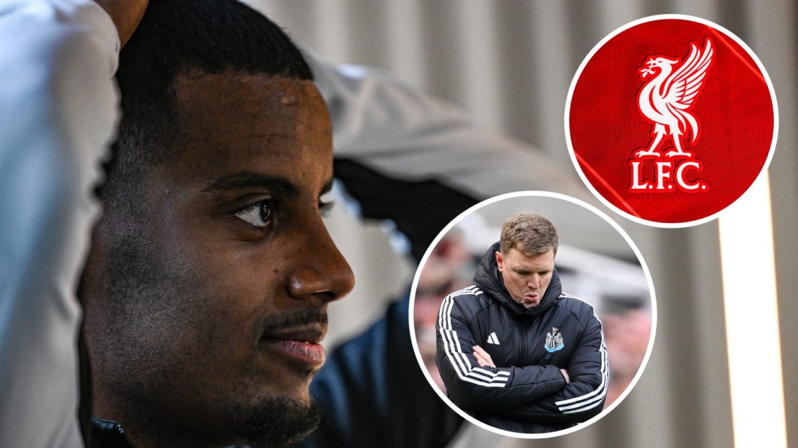 Alexander Isak has his hands on his head during Newcastle United training. Inset 1, Liverpool FC badge. Inset 2, Eddie Howe reacts on the touchline...