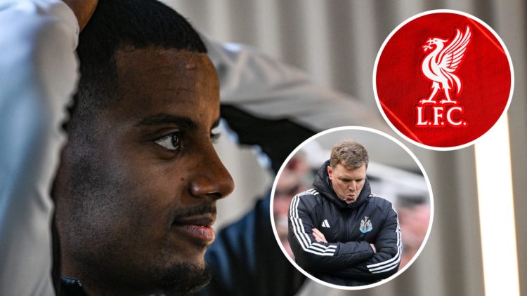 Alexander Isak has his hands on his head during Newcastle United training. Inset 1, Liverpool FC badge. Inset 2, Eddie Howe reacts on the touchline...