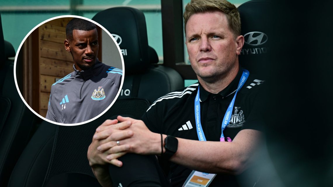 Inset, Alexander Isak in pre-season training for Newcastle United. Eddie Howe looks on before Newcastle United play Tottenham in a friendly.