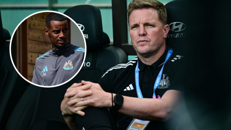 Inset, Alexander Isak in pre-season training for Newcastle United. Eddie Howe looks on before Newcastle United play Tottenham in a friendly.