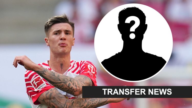 Benjamin Sesko folds his arms in frustrations. Insets: Mystery figure and transfer news banner.