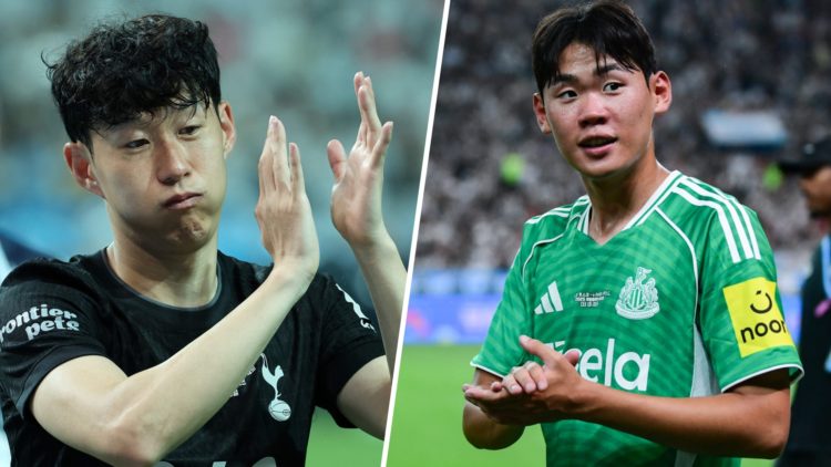 Heung-min Son looks emotional during Tottenham's pre-season friendly against Newcastle United. Park Seung-soo claps towards fans after Newcastle Un...