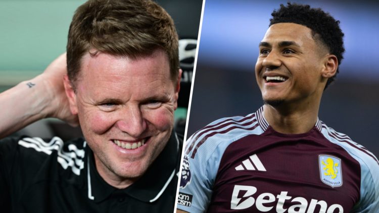 Eddie Howe smiles before Newcastle United's pre-season game against Tottenham. Ollie Watkins celebrates scoring for Aston Villa.