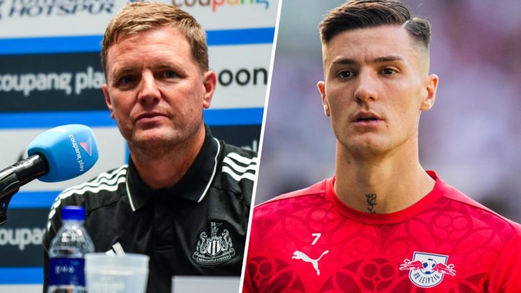 Eddie Howe speaks during a pre-season press conference at Newcastle United. RB Leipzig forward Benjamin Sesko looks on.