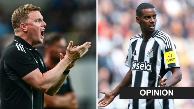 Eddie Howe claps his hands during Newcastle United's pre-season friendly against Tottenham. Alexander Isak playing for Newcastle United against Eve...