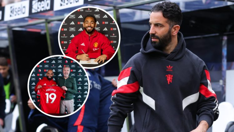 Ruben Amorim on the touchline during a Premier League game between Newcastle United and Manchester United. Inset: Manchester United players Matheus...