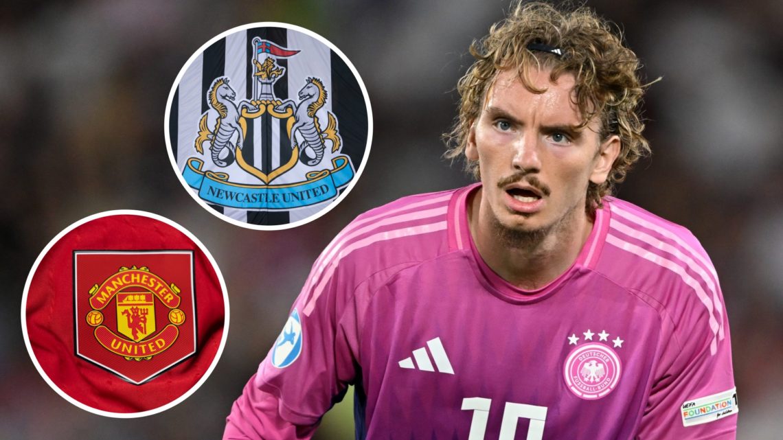 Inset 1, Newcastle badge. Inset 2, Man United badge. Nick Woltemade playing for Germany U21.