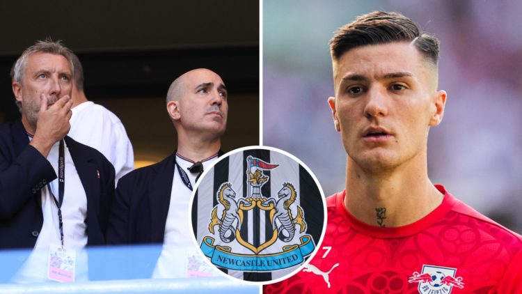 Omar Berrada watching Manchester United. Benjamin Sesko playing for RB Leipzig. Inset, Newcastle United badge.