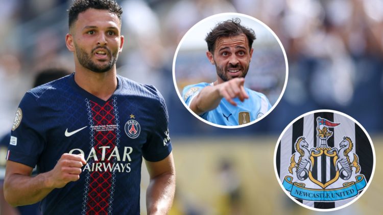 Goncalo Ramos after scoring for PSG against Real Madrid. Inset 1, Bernardo Silva. Inset 2, Newcastle United badge.