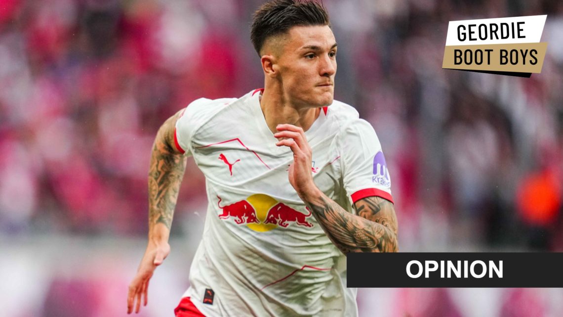 Benjamin Sesko pictured in action for RB Leipzig against Stuttgart in the Bundesliga. Inset: an opinion banner and the Geordie Boot Boys logo
