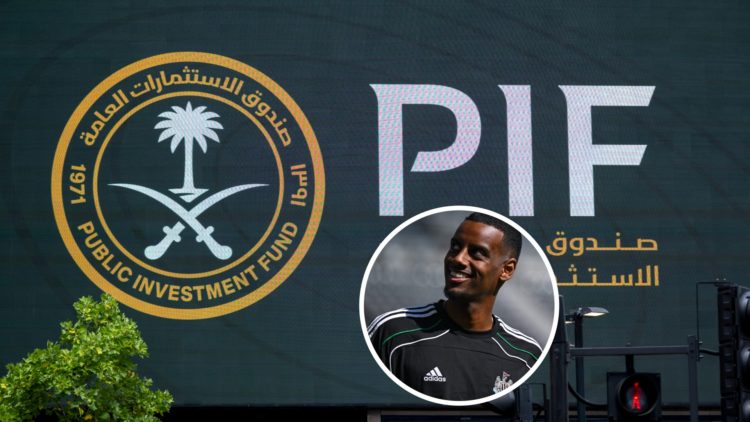 PIF advertising board in London. Inset, Alexander Isak arrives before a Newcastle United game at St James' Park.