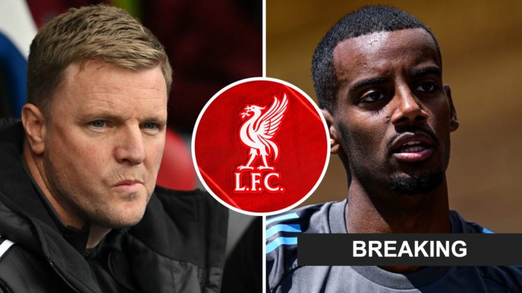 Eddie Howe looks on before a Newcastle United game. Alexander Isak in pre-season training for Newcastle. Inset, Liverpool FC badge.