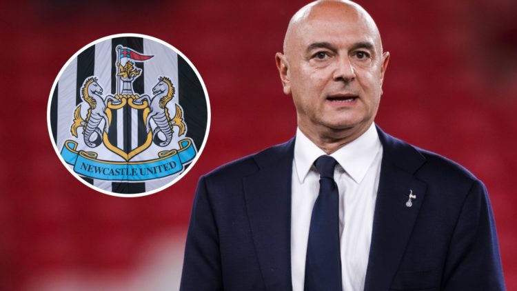 Tottenham chairman Daniel Levy looks on after the Europa League final. Inset: the Newcastle United badge on a flag.