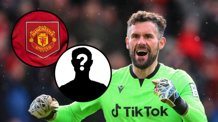 Ben Foster playing for Wrexham, Manchester United badge, mystery player