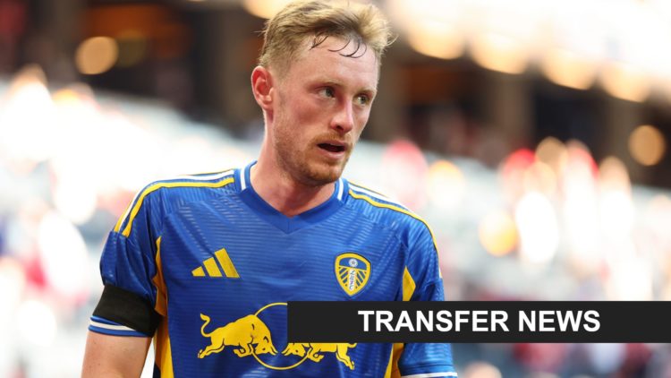 Leeds United midfielder Sean Longstaff looks on during a pre-season friendly against Manchester United. Inset: a transfer news banner.