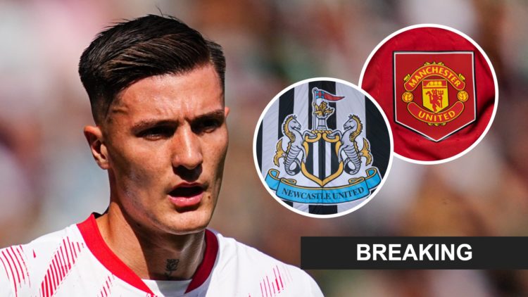 Benjamin Sesko playing for RB Leipzig, Newcastle United badge, Manchester United badge