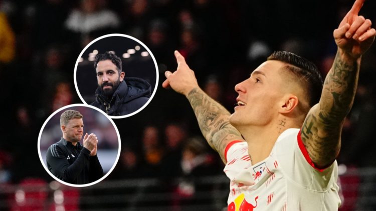 Benjamin Sesko points his arms to the sky in celebration after scoring for RB Leipzig. Inset: Newcastle United manager Eddie Howe and Manchester Un...