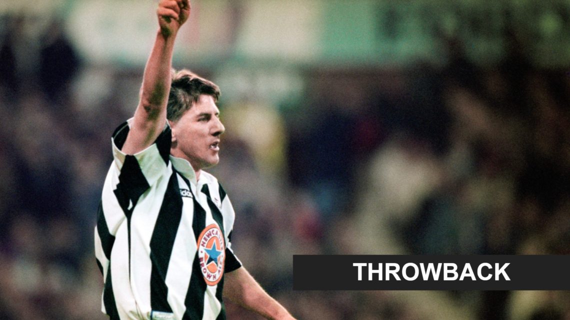 Peter Beardsley raises his arm during a Premier League game between Nottingham Forest and Newcastle United. Inset: a throwback banner