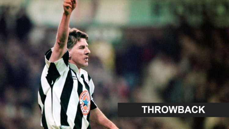 Peter Beardsley raises his arm during a Premier League game between Nottingham Forest and Newcastle United. Inset: a throwback banner