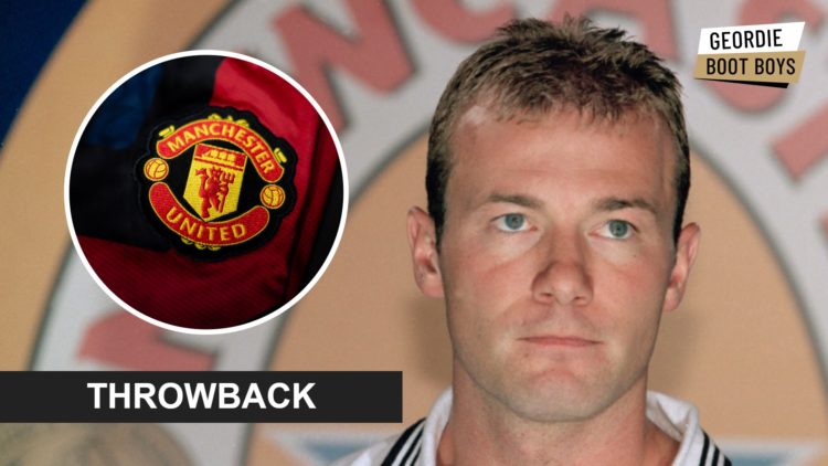 Alan Shearer is unveiled as a Newcastle United player, Manchester United badge