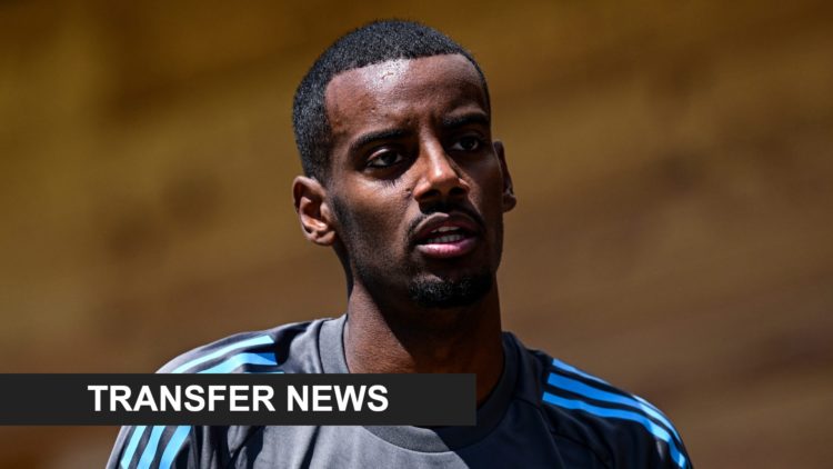 Close up image of Newcastle striker Alexander Isak. Transfer news banner.