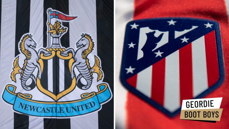 The Newcastle United club badge on a flag. The Atletico Madrid club badge on a first-team home shirt.